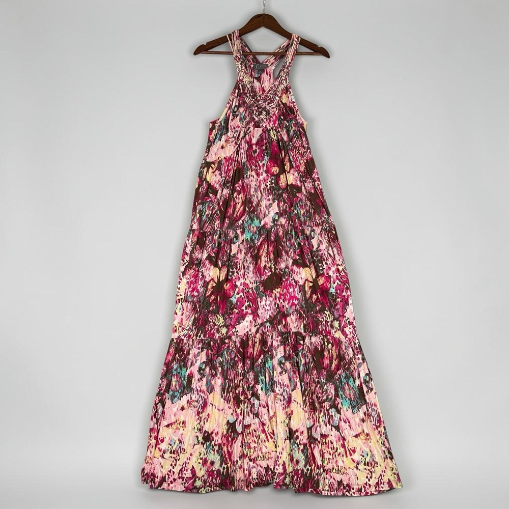 Bohemian Cottagecore Floral Tiered Maxi Dress Womens M Festival Pink Hippie